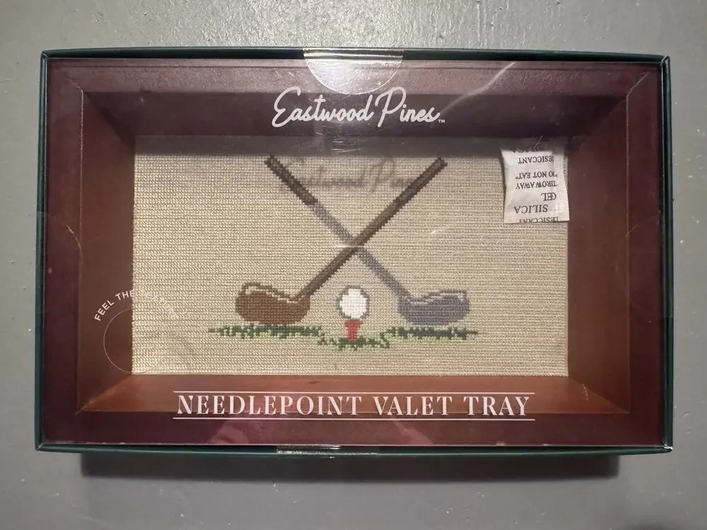 Eastwood Pines Golf Needlepoint Valet Tray Wood Catchall Desk Organizer NEW